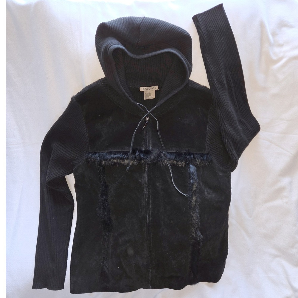 Escapade Suede Knit Hoodie Women Large Black Fur Trim Zip Jacket